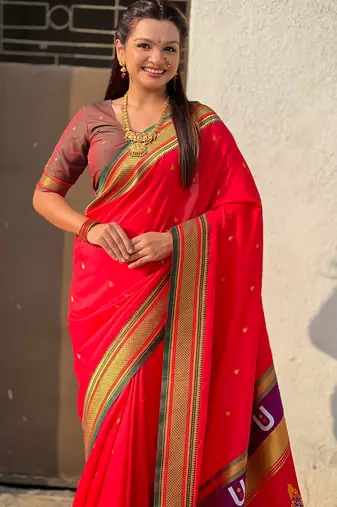 Red organza zari weaving saree with matching blouse piece