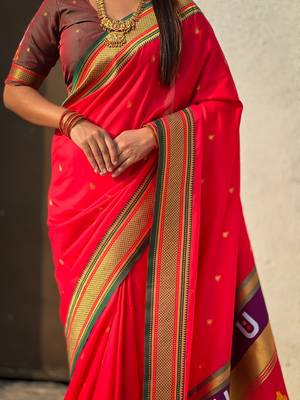 Red organza zari weaving saree with matching blouse piece 5