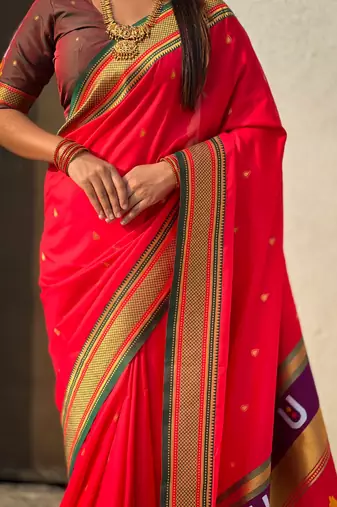Red organza zari weaving saree with matching blouse piece