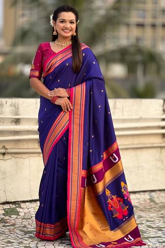 Blue organza zari weaving saree with matching blouse piece