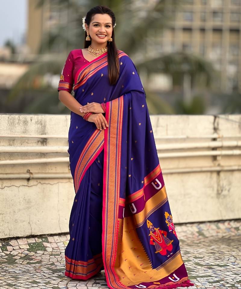 Blue organza zari weaving saree with matching blouse piece