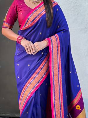 Blue organza zari weaving saree with matching blouse piece 5