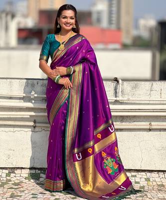 Purple organza zari weaving saree with matching blouse piece 1