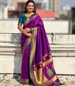 Purple organza zari weaving saree with matching blouse piece