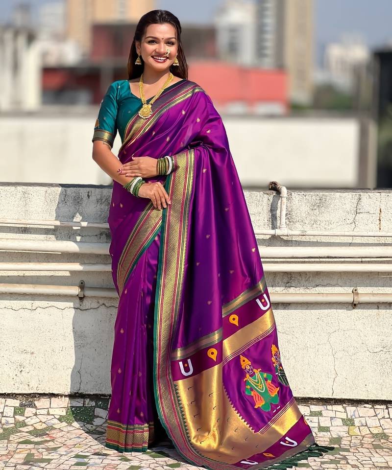 Purple organza zari weaving saree with matching blouse piece