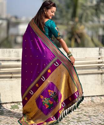 Purple organza zari weaving saree with matching blouse piece 2
