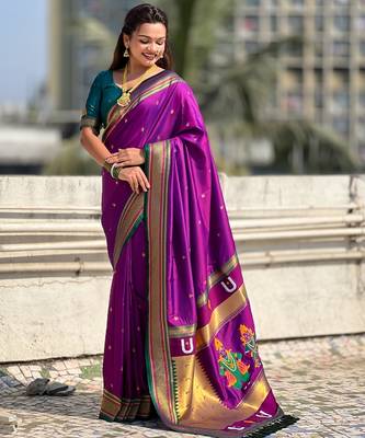 Purple organza zari weaving saree with matching blouse piece 3