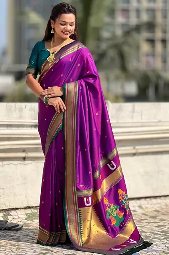 Purple organza zari weaving saree with matching blouse piece