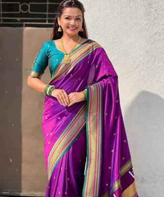 Purple organza zari weaving saree with matching blouse piece 4