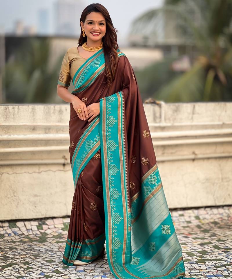 Chocolate border traditional butti & geometric zari work rich woven pallu design