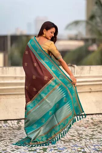 Chocolate border traditional butti & geometric zari work rich woven pallu design