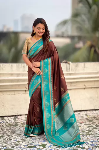 Chocolate border traditional butti & geometric zari work rich woven pallu design