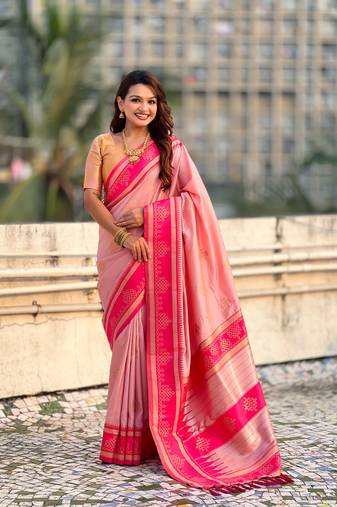 Peach border traditional butti & geometric zari work rich woven pallu design