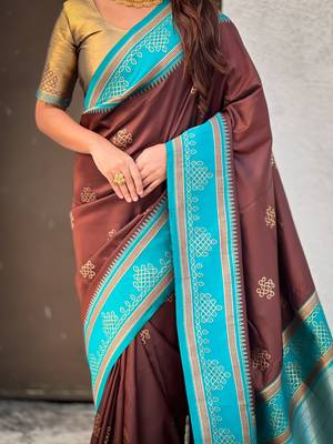 Chocolate border traditional butti & geometric zari work rich woven pallu design 5