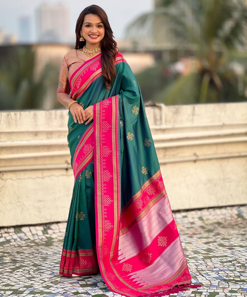 Teal border traditional butti & geometric zari work rich woven pallu design