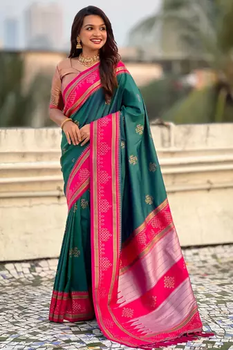 Teal border traditional butti & geometric zari work rich woven pallu design