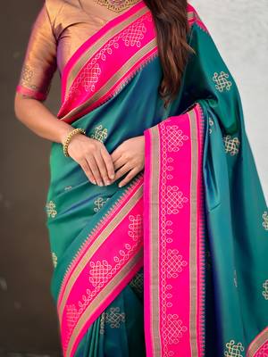 Teal border traditional butti & geometric zari work rich woven pallu design 5