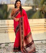 Red border traditional butti & geometric zari work rich woven pallu design