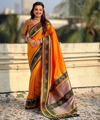 Mustard border traditional butti & geometric zari work rich woven pallu design 1
