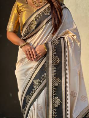 Cream border traditional butti & geometric zari work rich woven pallu design 5