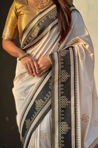 Cream border traditional butti & geometric zari work rich woven pallu design