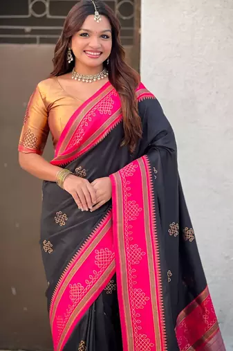 Black border traditional butti & geometric zari work rich woven pallu design