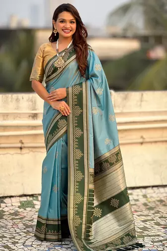 Sky blue border traditional butti & geometric zari work rich woven pallu design