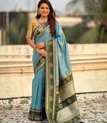 Sky blue border traditional butti & geometric zari work rich woven pallu design