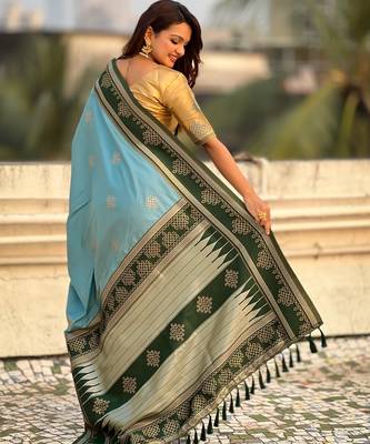 Sky blue border traditional butti & geometric zari work rich woven pallu design 2