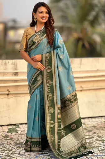 Sky blue border traditional butti & geometric zari work rich woven pallu design