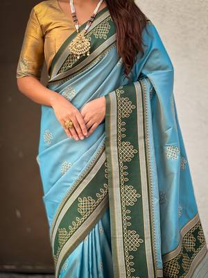 Sky blue border traditional butti & geometric zari work rich woven pallu design 5