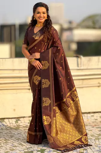 Chocolate silk blend saree with golden zari motifs & rich woven pallu | traditional festive wear saree