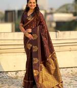 Chocolate silk blend saree with golden zari motifs & rich woven pallu | traditional festive wear saree