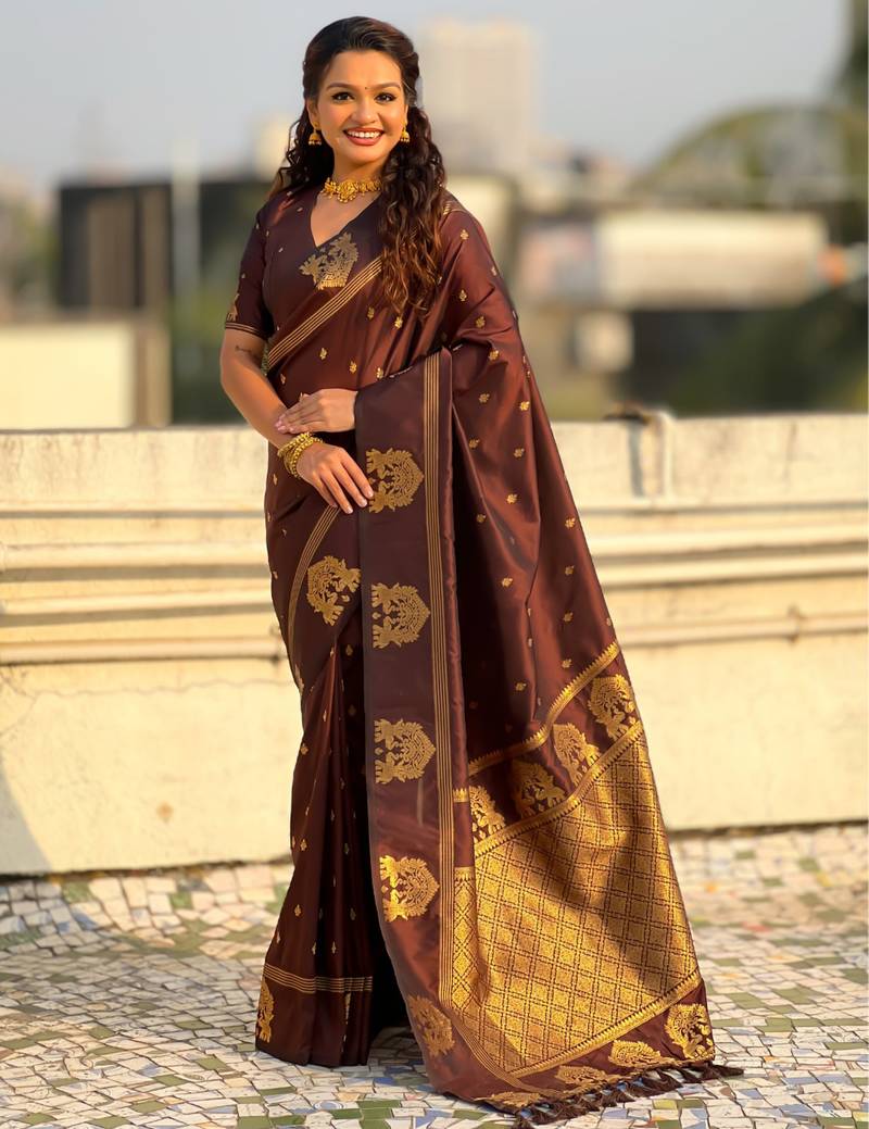 Chocolate silk blend saree with golden zari motifs & rich woven pallu | traditional festive wear saree