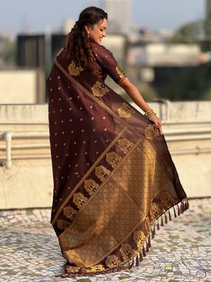 Chocolate silk blend saree with golden zari motifs & rich woven pallu | traditional festive wear saree 2