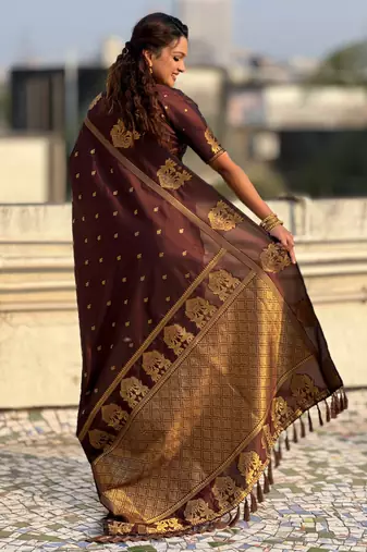 Chocolate silk blend saree with golden zari motifs & rich woven pallu | traditional festive wear saree