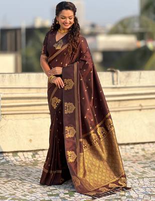Chocolate silk blend saree with golden zari motifs & rich woven pallu | traditional festive wear saree 3