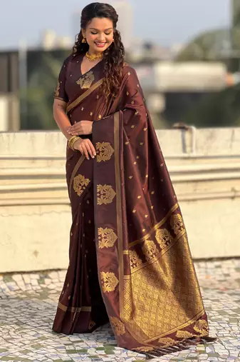 Chocolate silk blend saree with golden zari motifs & rich woven pallu | traditional festive wear saree