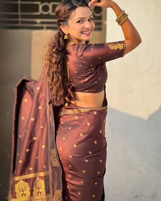 Chocolate silk blend saree with golden zari motifs & rich woven pallu | traditional festive wear saree 4