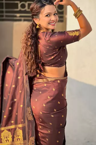 Chocolate silk blend saree with golden zari motifs & rich woven pallu | traditional festive wear saree