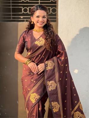 Chocolate silk blend saree with golden zari motifs & rich woven pallu | traditional festive wear saree 5
