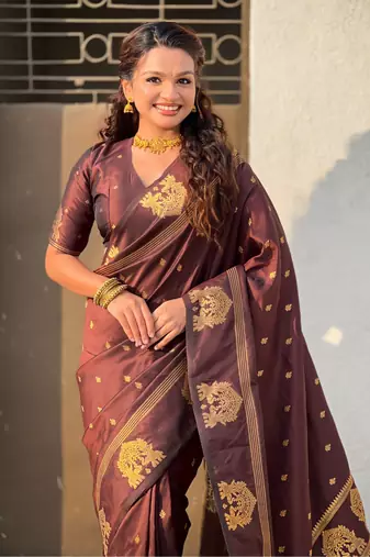 Chocolate silk blend saree with golden zari motifs & rich woven pallu | traditional festive wear saree