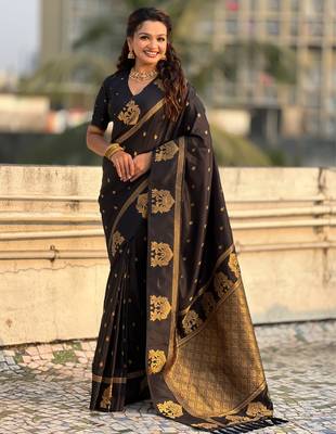 Black silk blend saree with golden zari motifs & ribl woven pallu | traditional festive wear saree 1