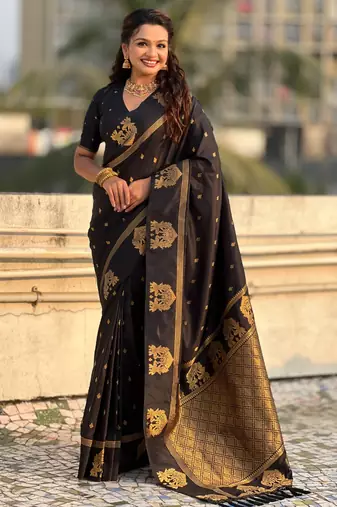 Black silk blend saree with golden zari motifs & ribl woven pallu | traditional festive wear saree
