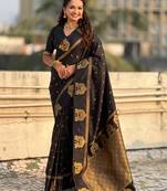 Black silk blend saree with golden zari motifs & ribl woven pallu | traditional festive wear saree