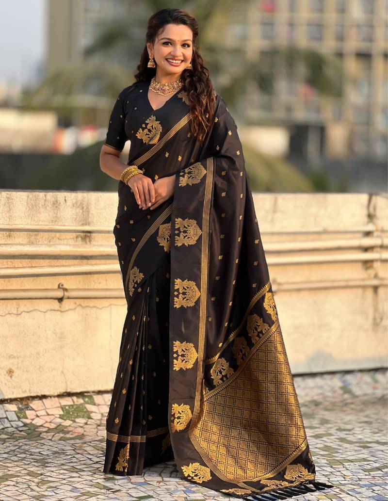 Black silk blend saree with golden zari motifs & ribl woven pallu | traditional festive wear saree