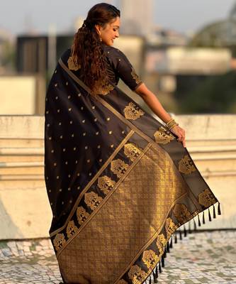 Black silk blend saree with golden zari motifs & ribl woven pallu | traditional festive wear saree 2