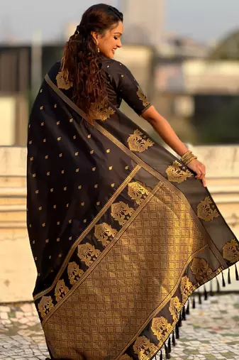 Black silk blend saree with golden zari motifs & ribl woven pallu | traditional festive wear saree