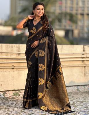 Black silk blend saree with golden zari motifs & ribl woven pallu | traditional festive wear saree 3