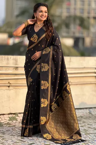 Black silk blend saree with golden zari motifs & ribl woven pallu | traditional festive wear saree